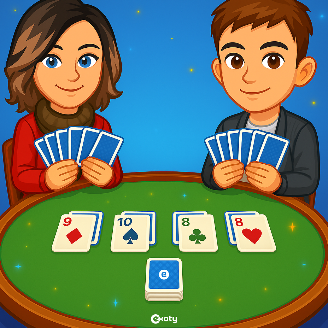 Image illustrant la distribution des cartes à la belote à 2. Deux avatars Exoty se font face autour d’une table de jeu verte. Chacun tient 8 cartes bleues cachées en main. Au centre de la table, 4 tas de cartes sont visibles : chaque tas comporte une carte face visible posée sur une carte face cachée. Une pioche est placée au milieu, servant à déterminer l’atout.